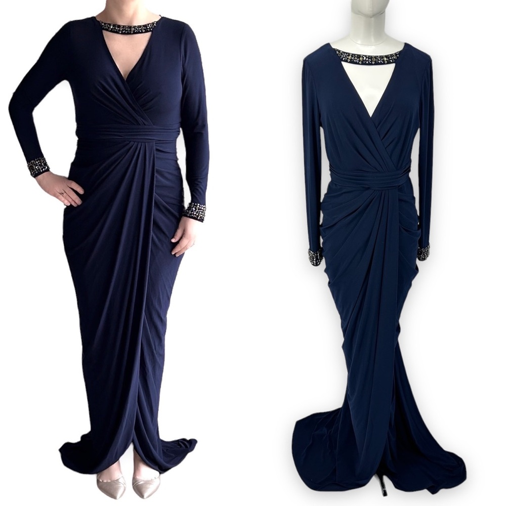 Adrianna Papell beaded jersey gown long dress navy blue size 8